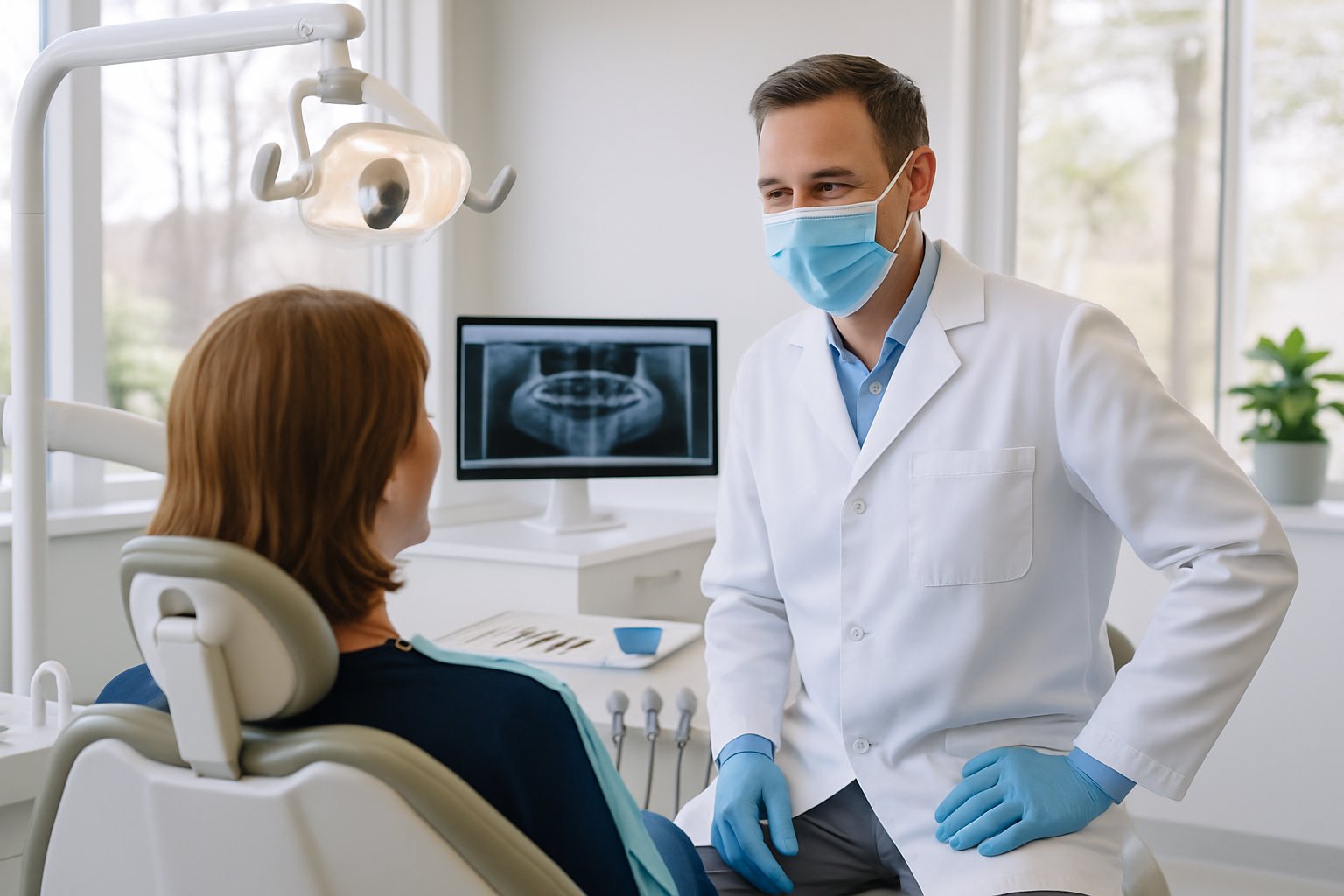 A dentist in a white coat talking to a patient in a dental chair inside a bright and clean dental clinic.