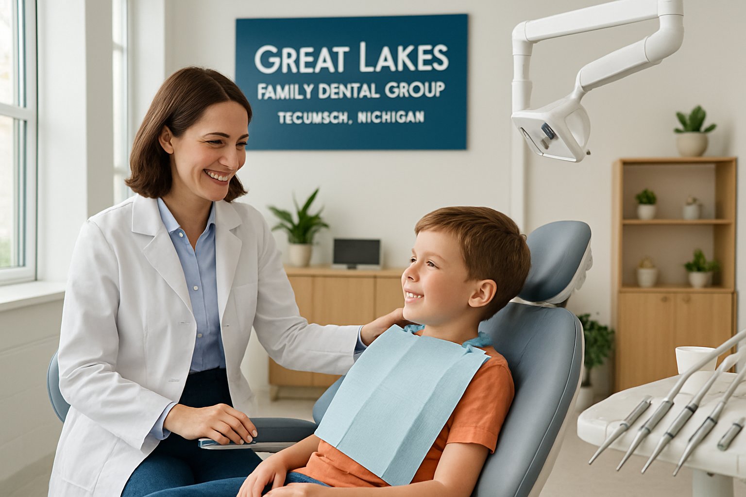 A female dentist smiling at a young child patient sitting in a dental chair inside a bright dental clinic.