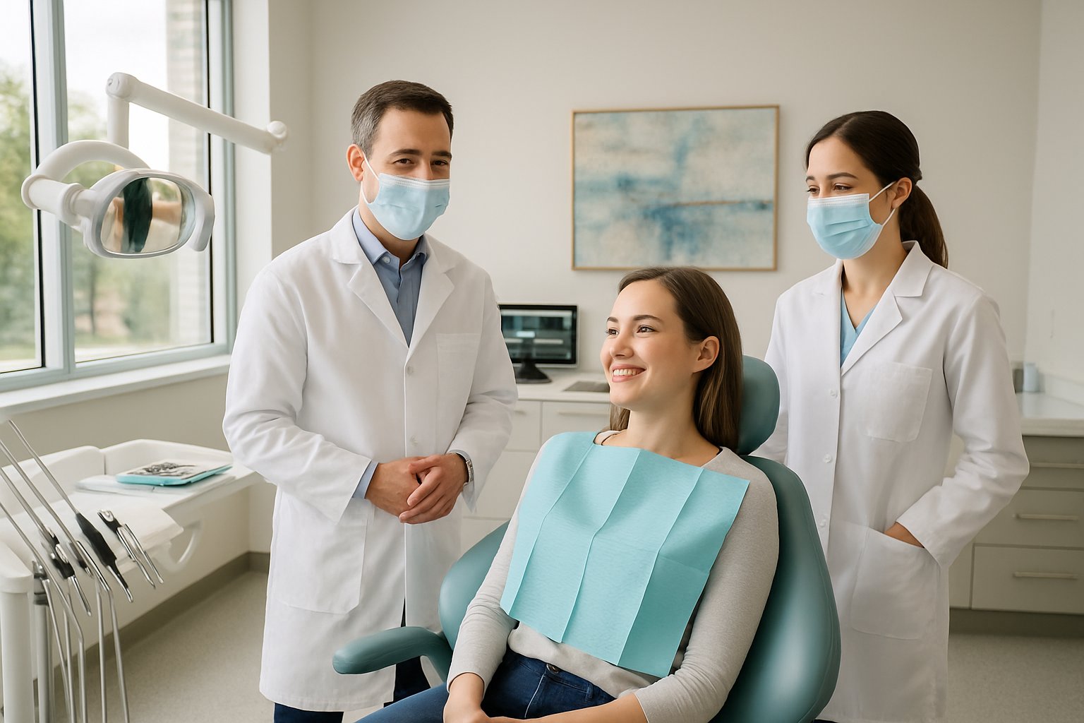 Two dentists consulting with a patient in a bright, modern dental office with dental equipment and natural light.