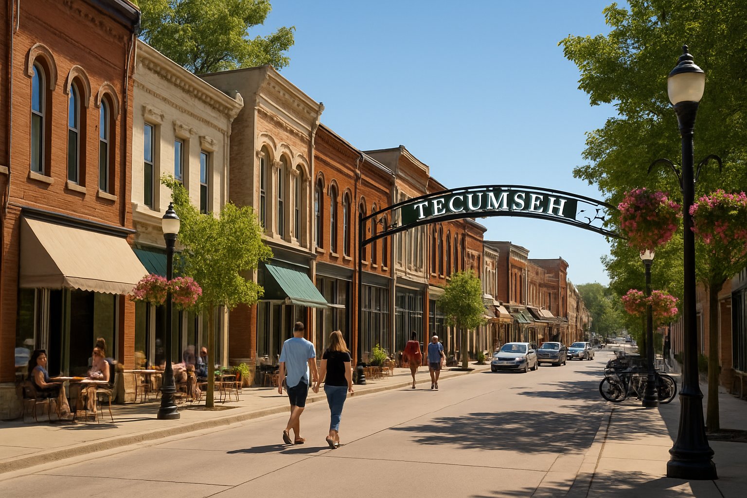 A sunny downtown street in Tecumseh with historic buildings, people walking, outdoor cafes, and trees lining the sidewalks.