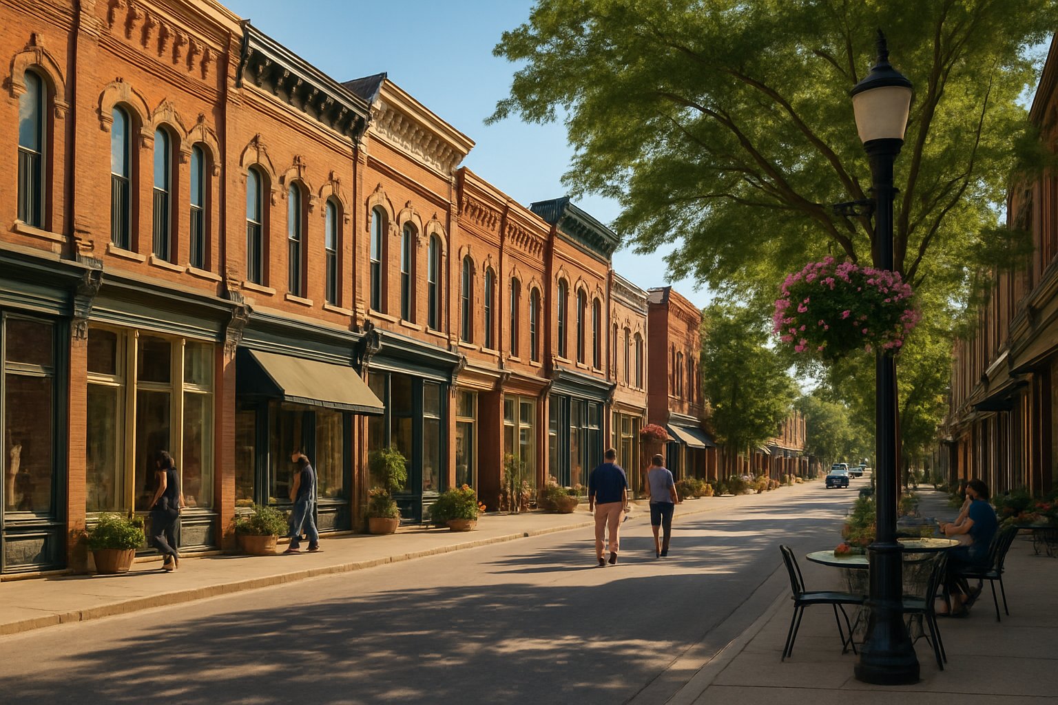 A lively downtown street in Tecumseh with historic brick buildings, shops, outdoor seating, trees, and people walking on a sunny day.