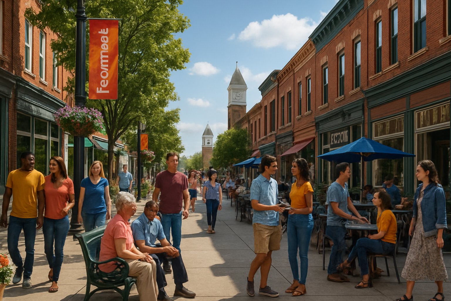 People enjoying a sunny day on a lively street in downtown Tecumseh with historic buildings and outdoor cafes.