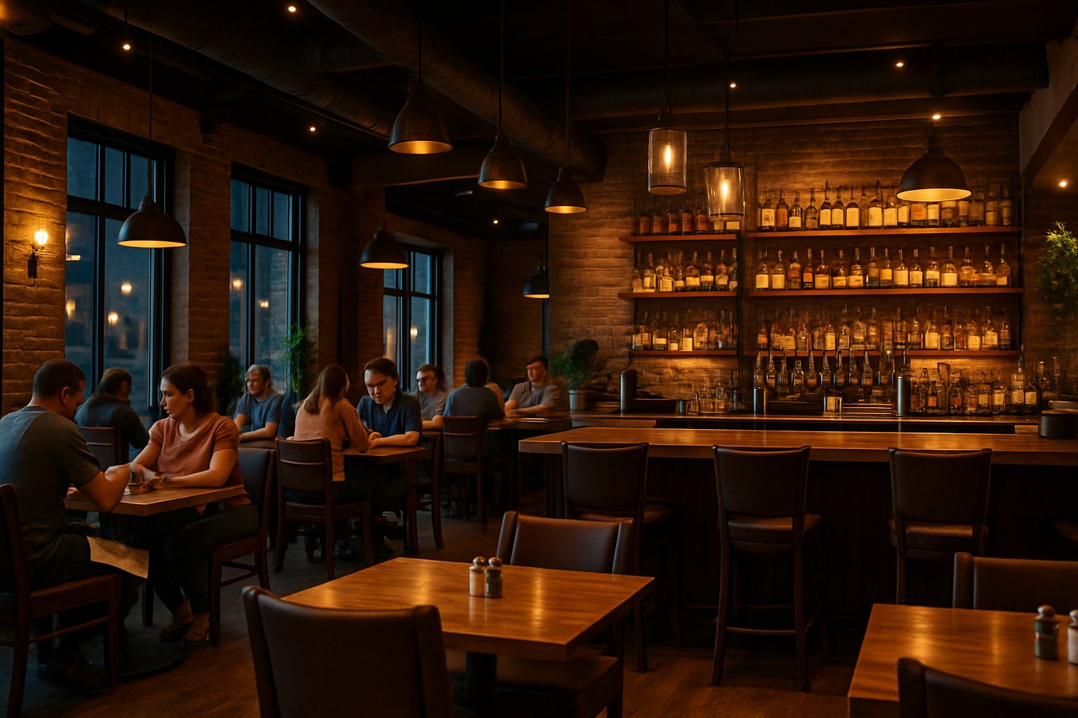 Interior of a lively restaurant with wooden tables, a bar with bourbon bottles, and people dining in a warm and inviting setting.