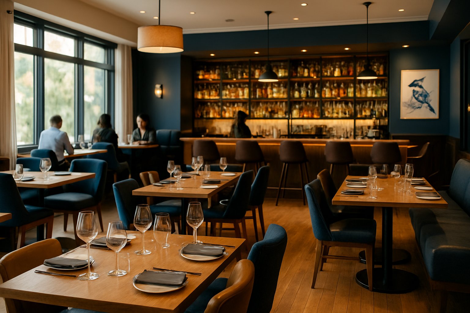 Interior view of a modern restaurant and bar with wooden tables, a well-stocked bar, and patrons enjoying meals in a warm, inviting setting.
