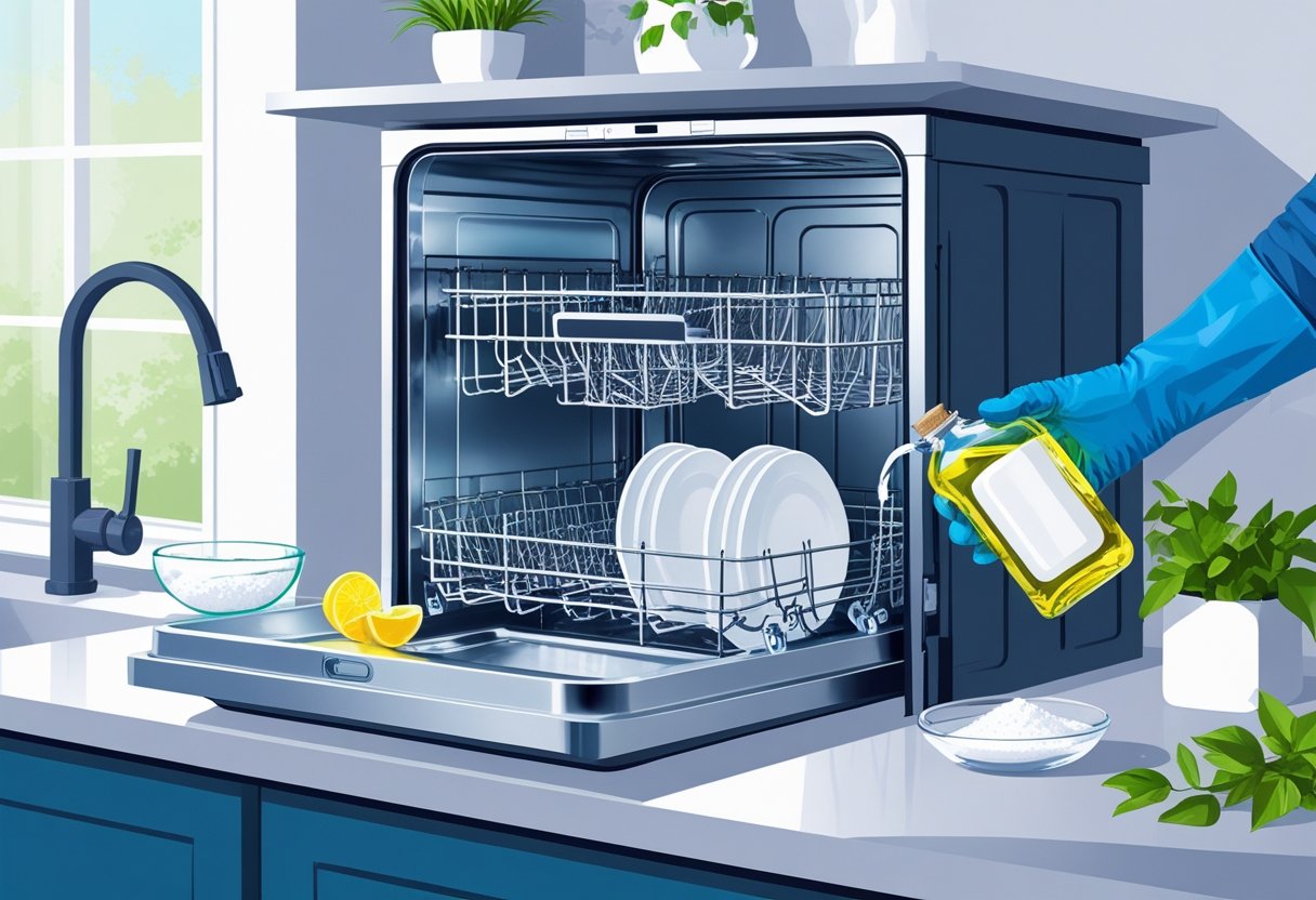 A hand pouring vinegar into an open dishwasher with a bowl of baking soda on the countertop nearby in a clean kitchen.