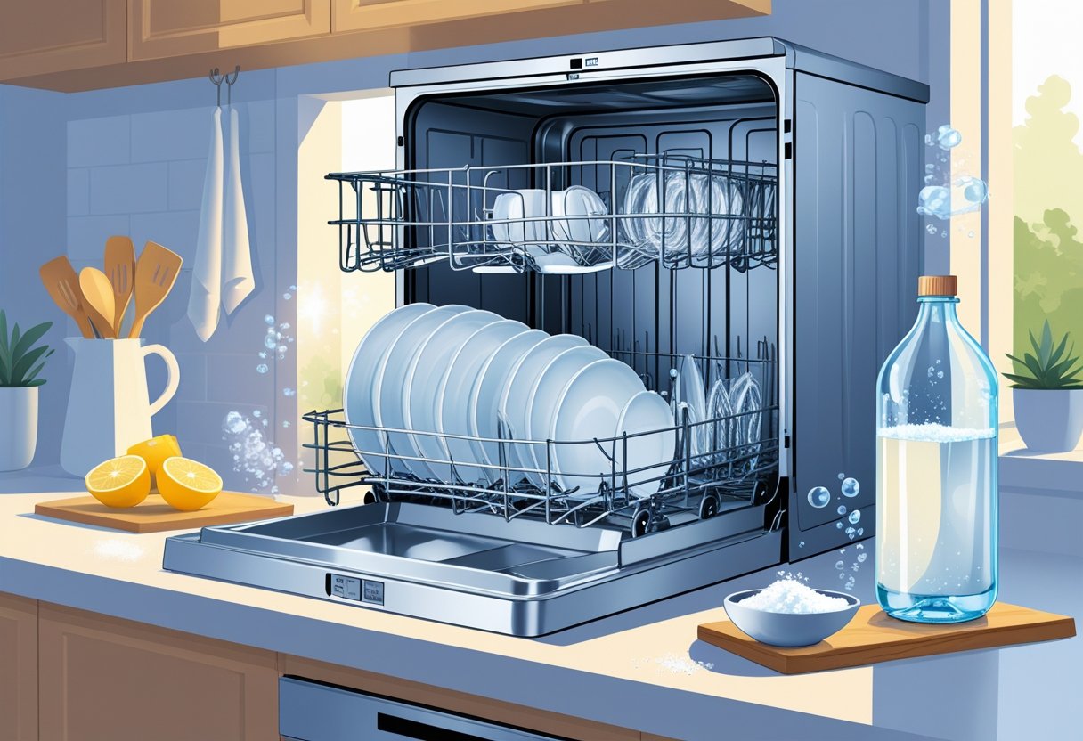 An open dishwasher with clean dishes inside, a bottle of vinegar and a bowl of baking soda on a kitchen counter, showing a cleaning process.