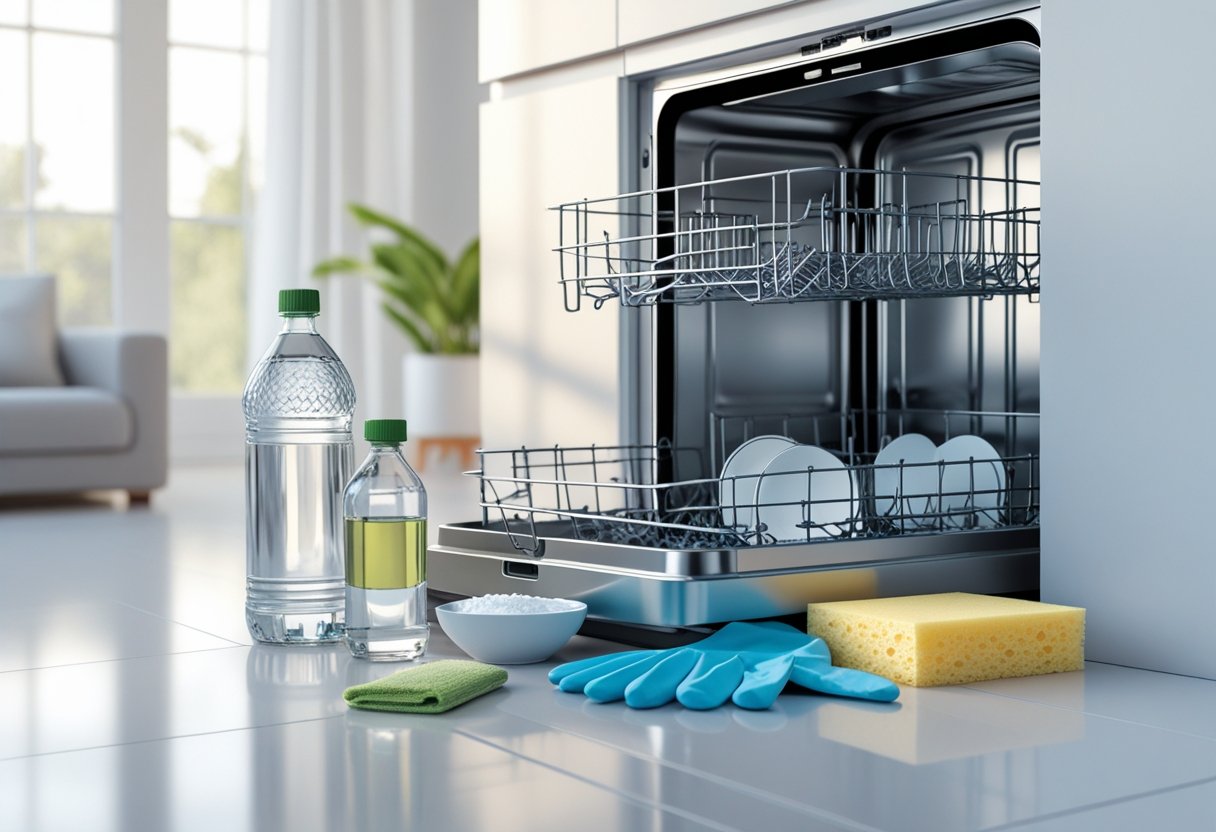An open dishwasher with cleaning supplies including a bottle of vinegar, a bowl of baking soda, a sponge, and rubber gloves arranged nearby in a modern kitchen.