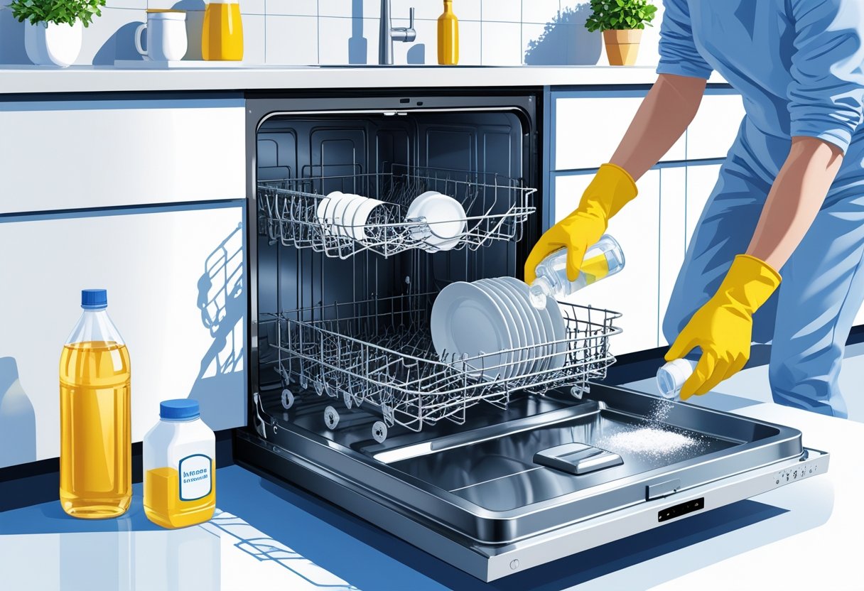 A person pouring vinegar into an open dishwasher with baking soda and vinegar containers on the kitchen counter nearby.