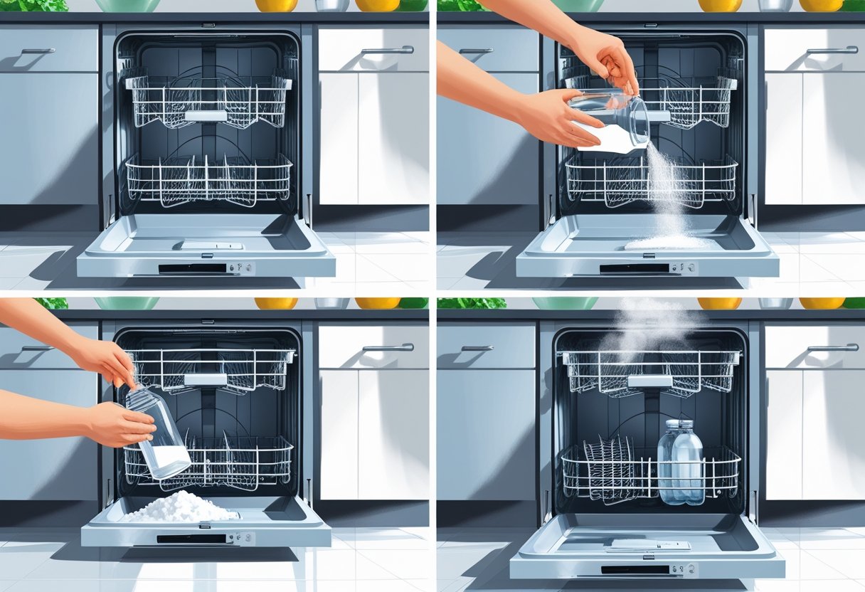 Four-panel illustration showing how to clean a dishwasher: empty dishwasher, pouring vinegar inside, sprinkling baking soda, and dishwasher running a cleaning cycle.