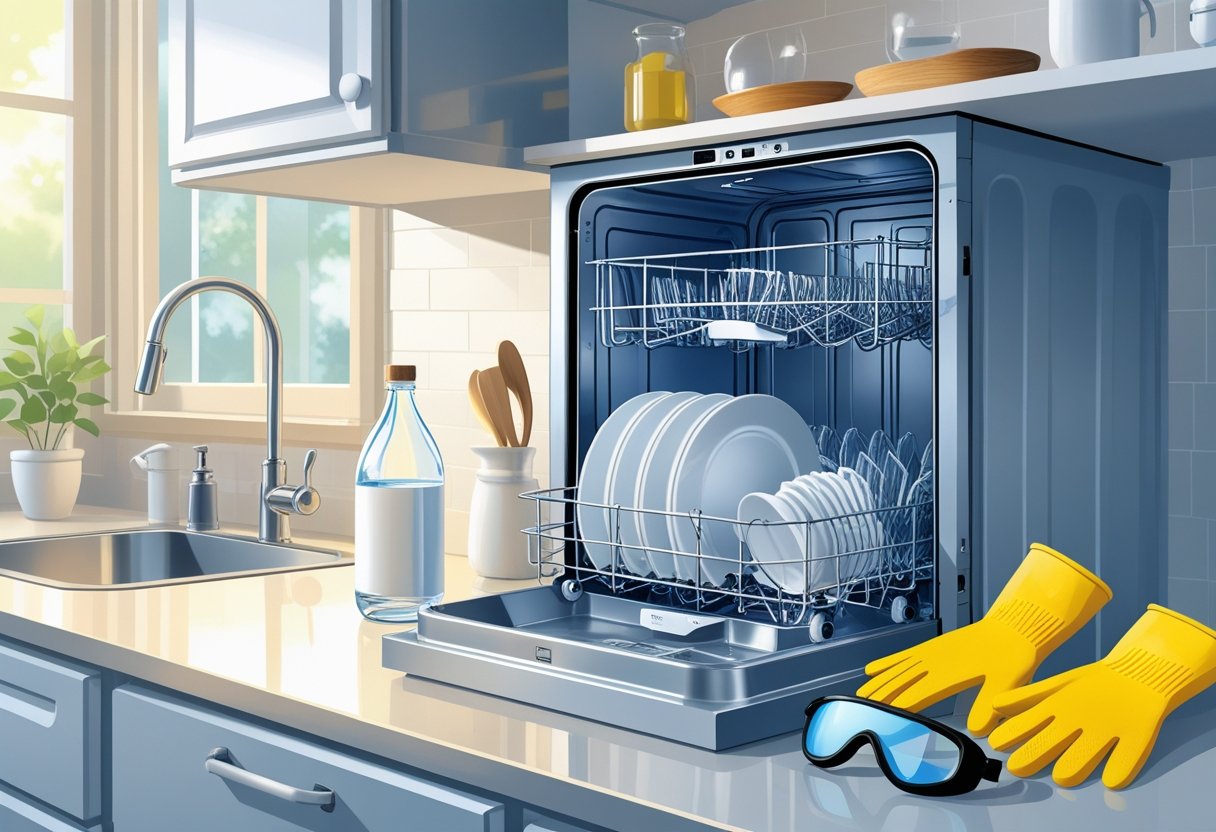Open dishwasher with clean dishes, vinegar bottle, baking soda box, rubber gloves, and safety goggles on a kitchen counter.