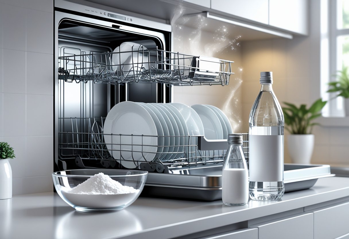 A kitchen scene showing an open dishwasher with clean dishes inside, a bowl of baking soda, and a bottle of vinegar on the countertop nearby.