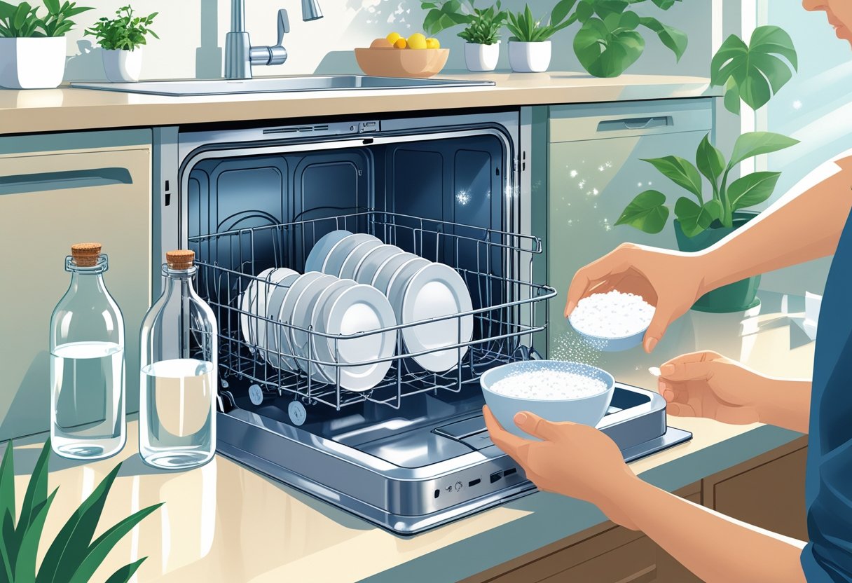 A person cleaning an open dishwasher using vinegar and baking soda in a bright kitchen.