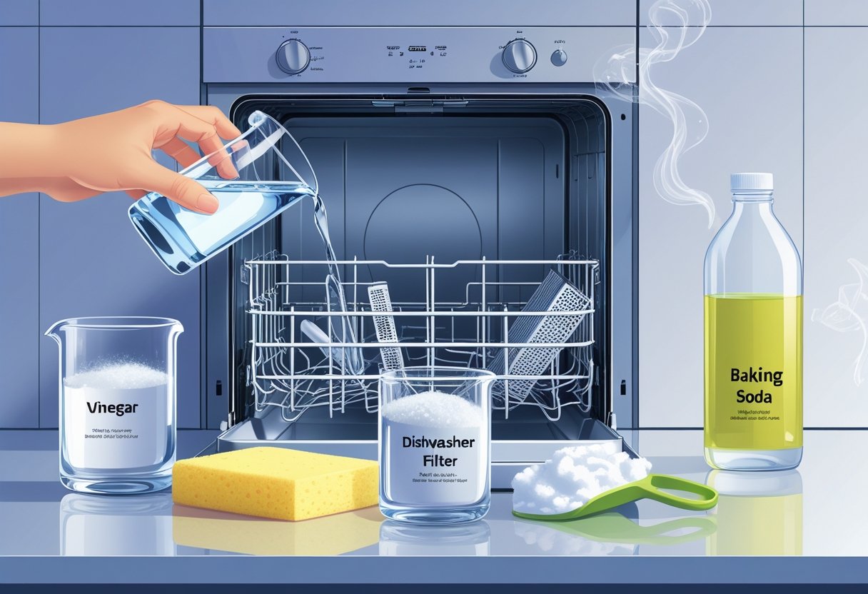 A kitchen scene showing a dishwasher being cleaned with vinegar and baking soda, highlighting common cleaning mistakes like pouring too much vinegar and a dirty filter.