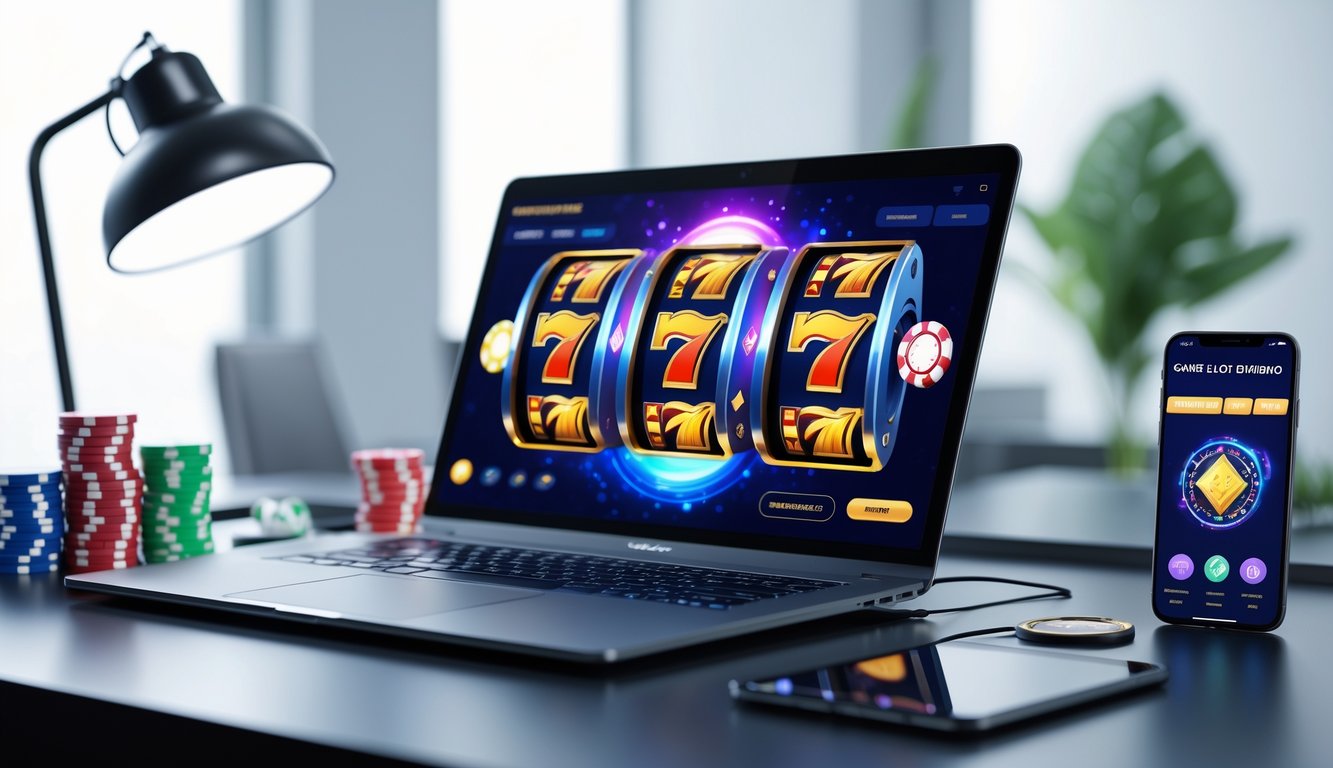 Sebuah ruang kerja modern dengan komputer menampilkan permainan slot online dan perlengkapan permainan di sekitarnya.