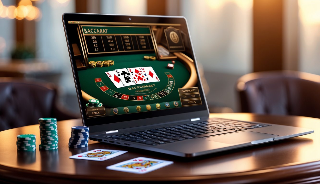 Sebuah laptop di atas meja kayu menampilkan permainan baccarat online dengan kartu dan chip di sekitarnya.