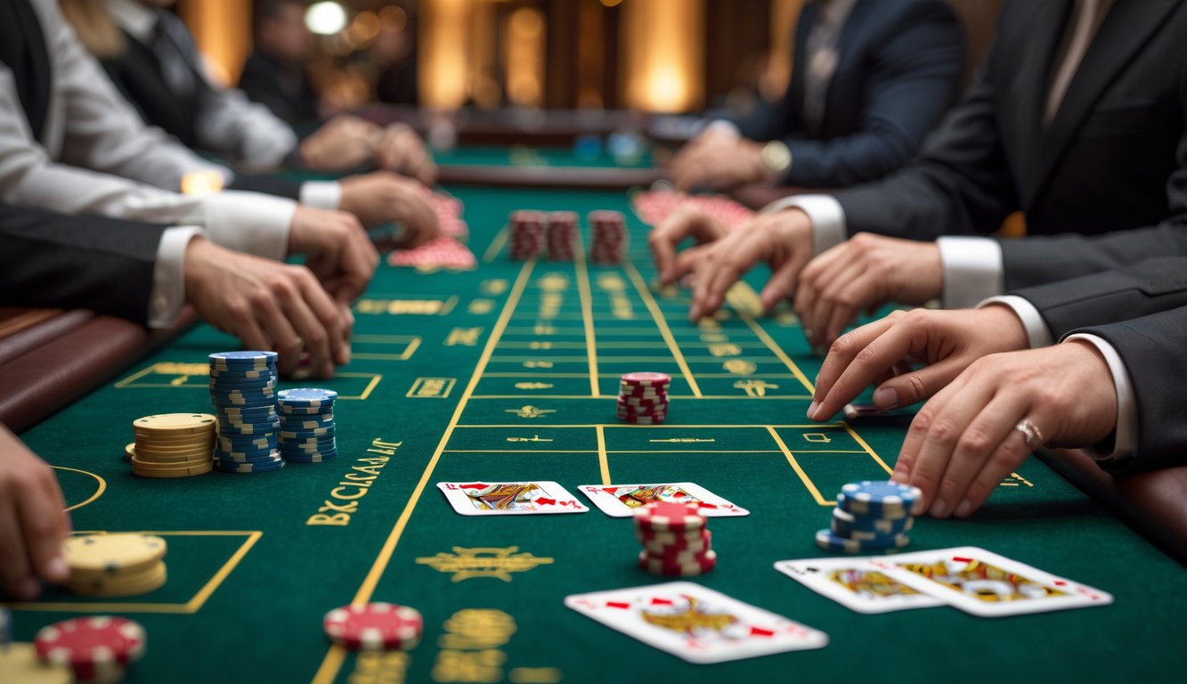Meja baccarat dengan kartu dan chip taruhan, beberapa tangan pemain sedang bermain di kasino.