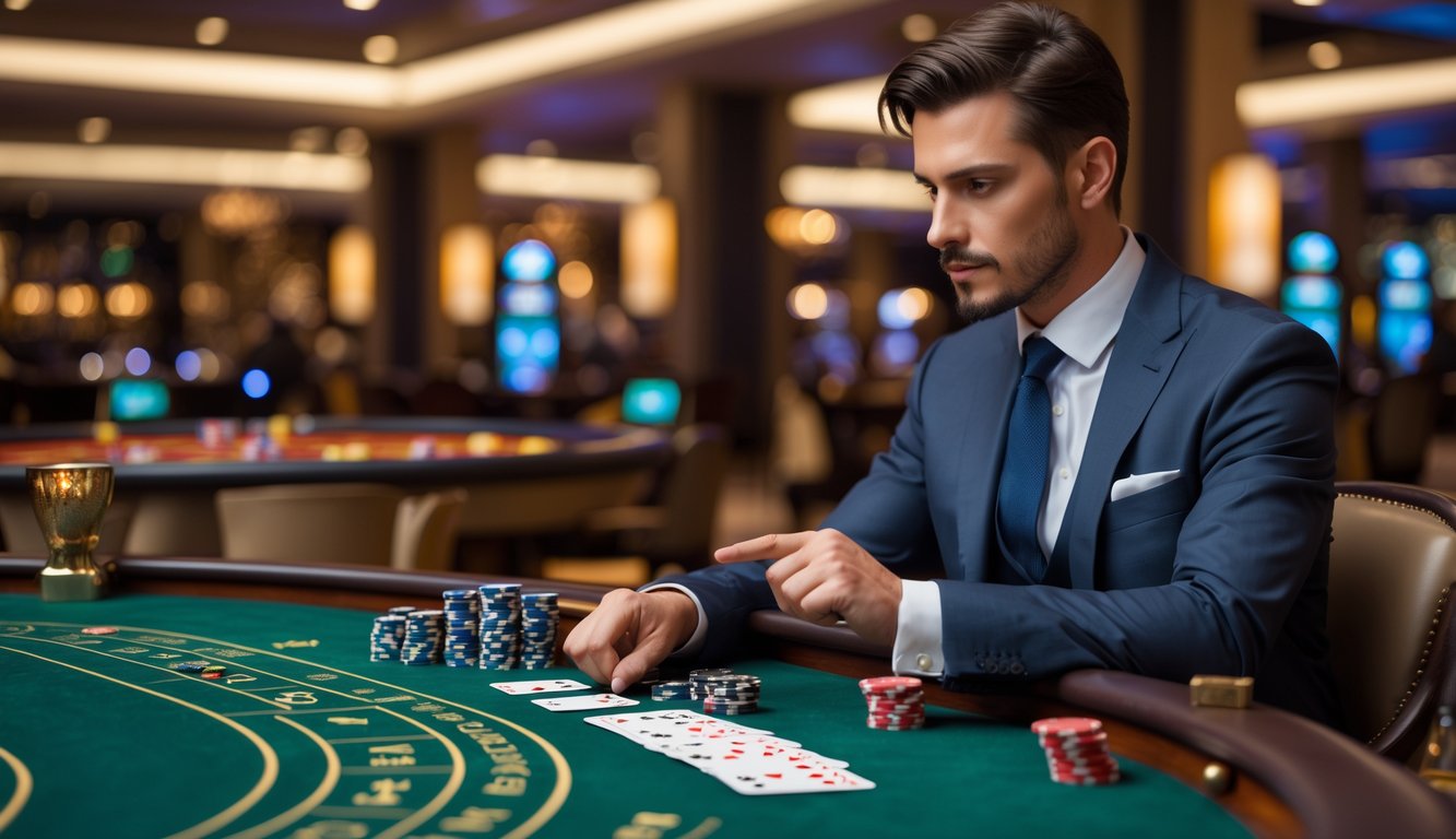 Seorang profesional duduk di meja baccarat di kasino, tampak fokus menganalisis permainan dengan kartu dan chip di meja.