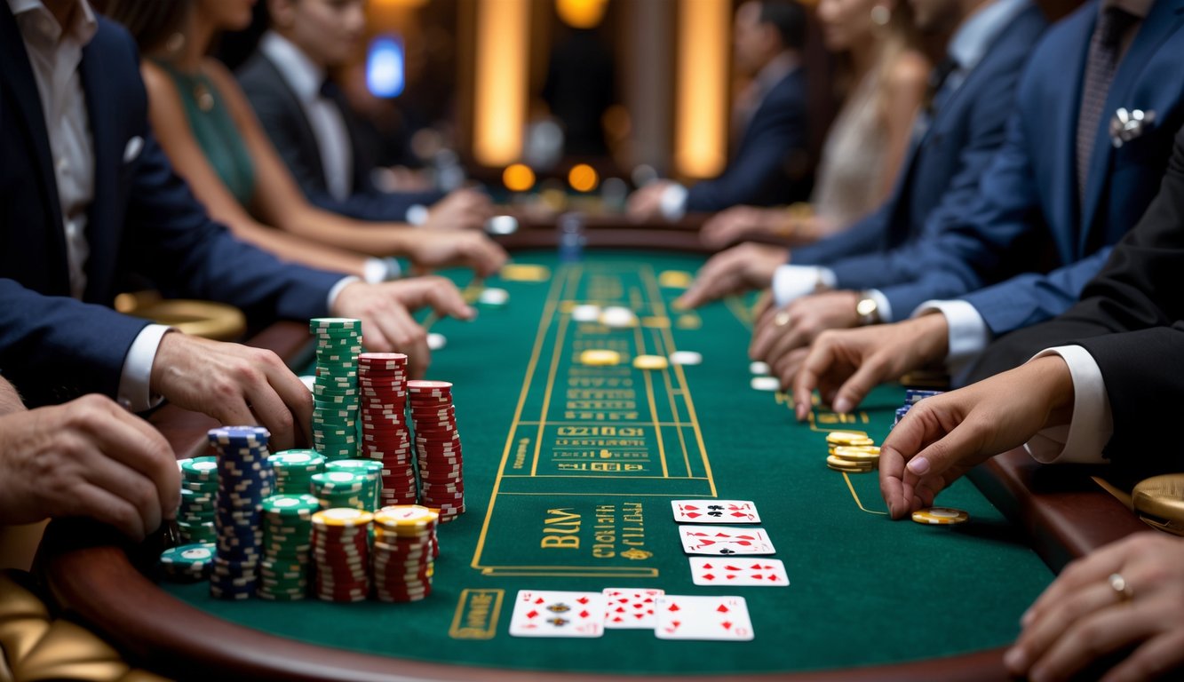 Meja baccarat mewah di kasino dengan kartu dan chip, serta tangan pemain yang sedang bertaruh.