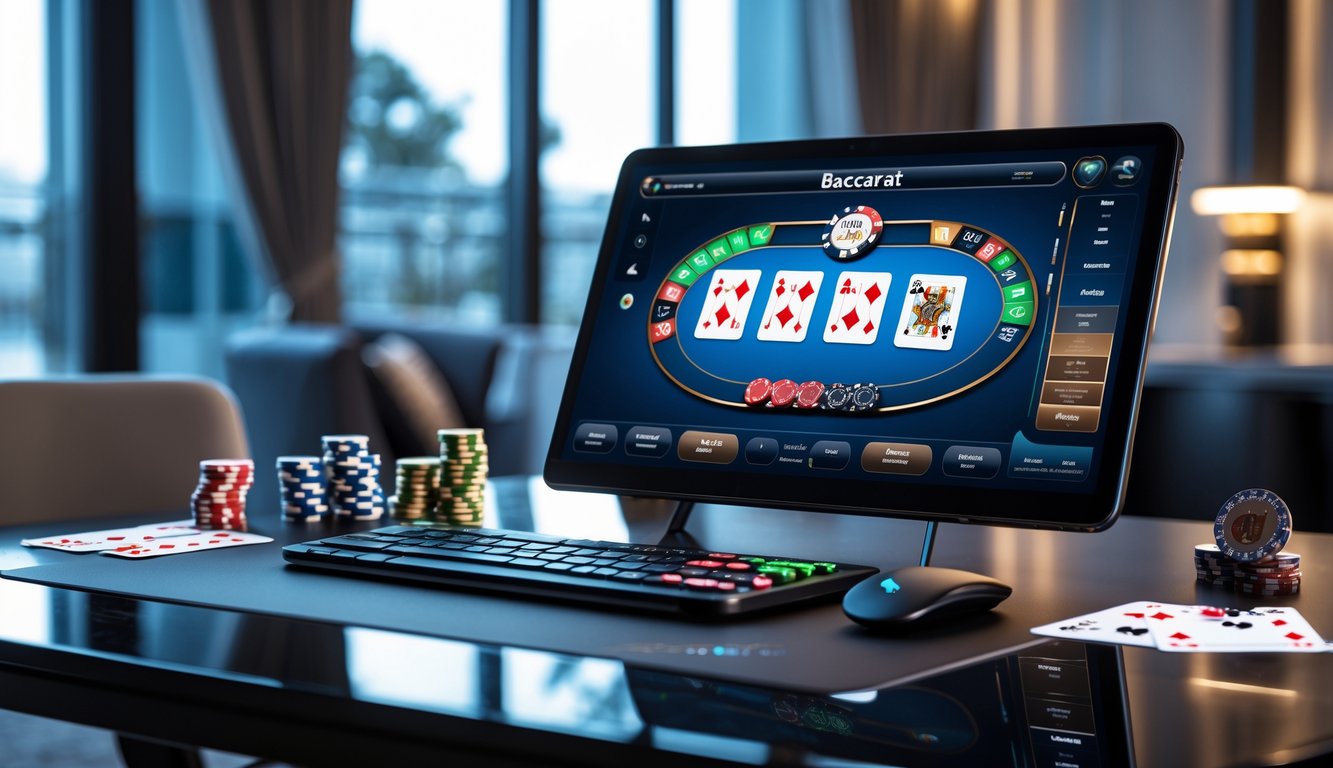 Meja permainan baccarat online dengan layar digital, kartu, dan chip di lingkungan rumah atau kantor yang nyaman.