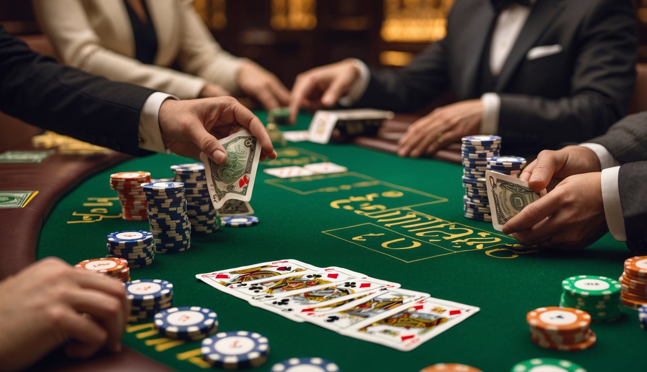 Meja permainan baccarat dengan uang asli dan pemain yang sedang memasang taruhan.