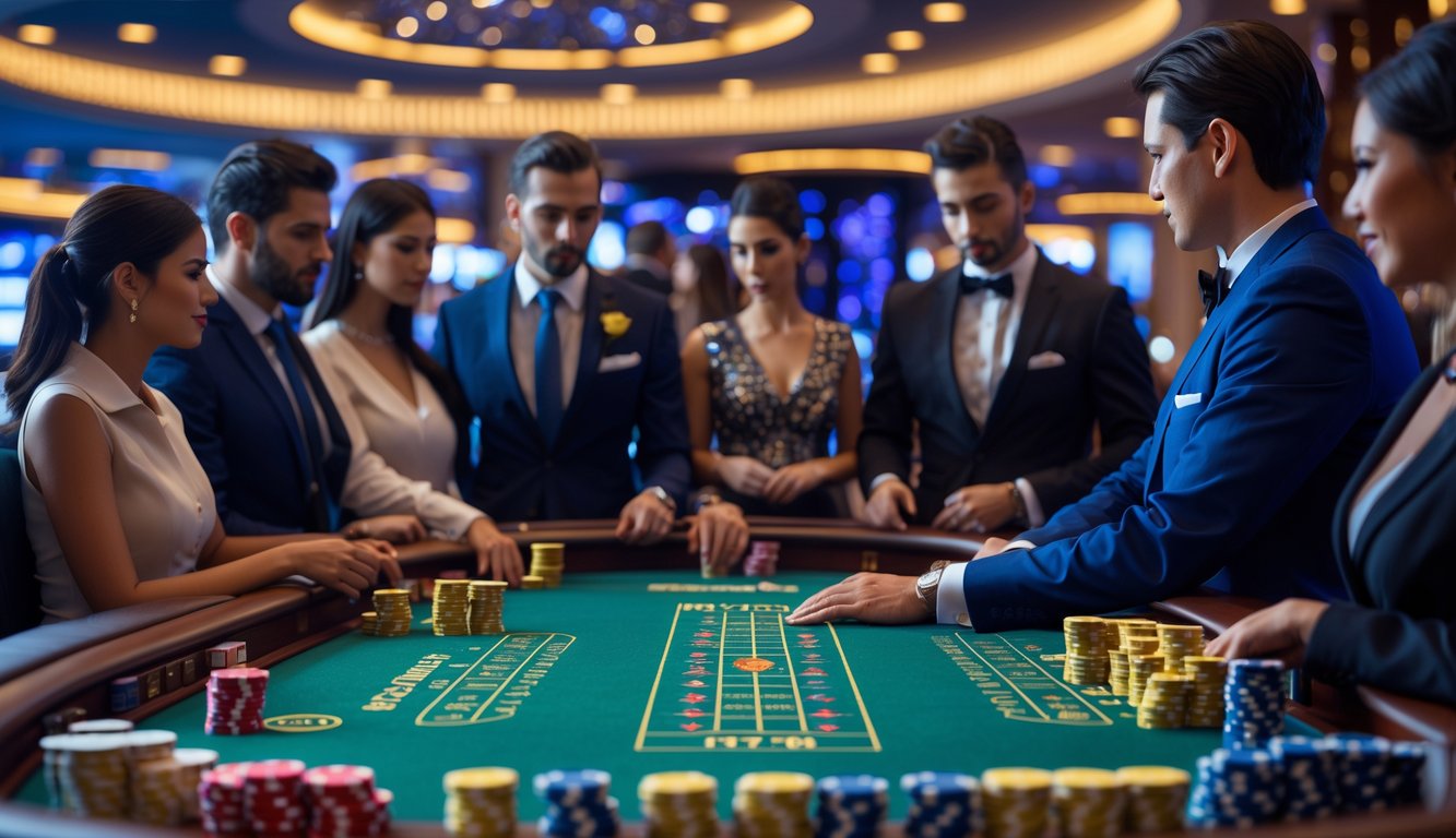 Suasana meja baccarat di kasino dengan pemain dan dealer yang sedang bermain.