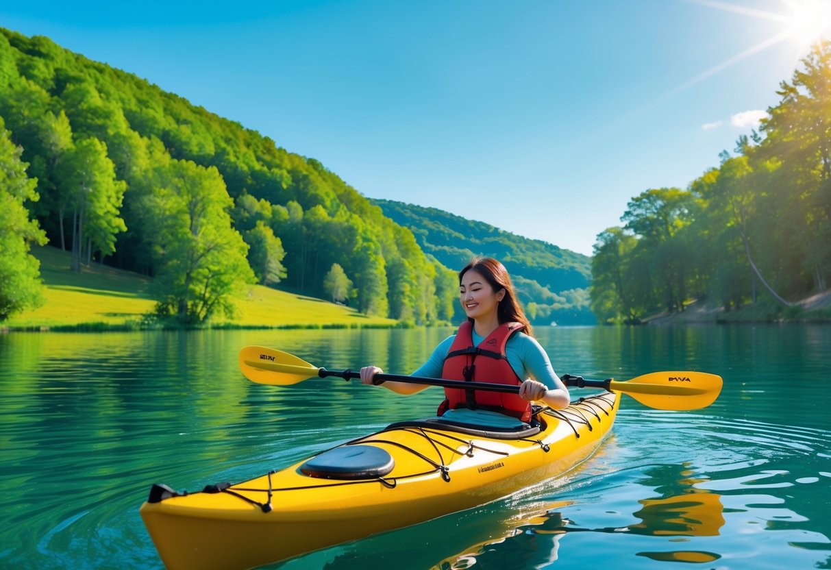 A person kayaking on a calm lake surrounded by green trees and hills under a clear blue sky.