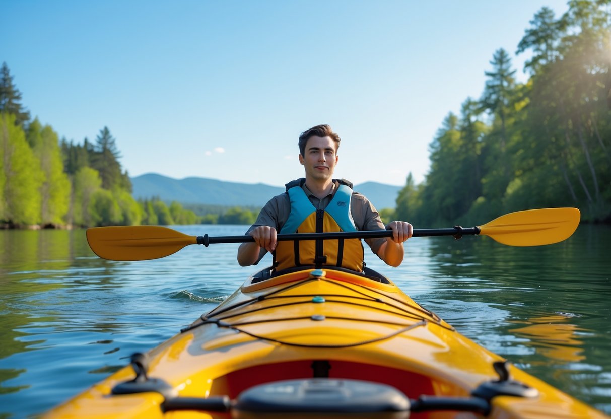 A person kayaking on calm water surrounded by green trees and mountains under a clear blue sky.