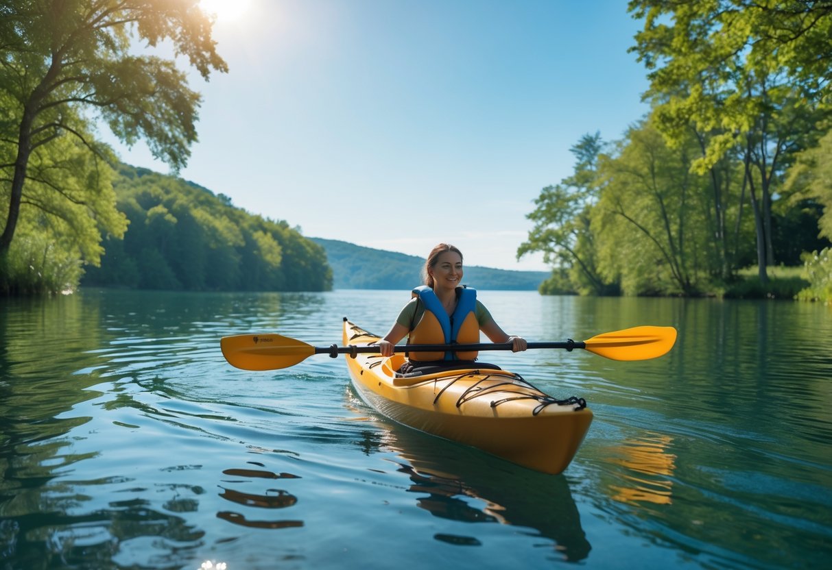 A person kayaking on a calm lake surrounded by trees and hills under a clear blue sky.