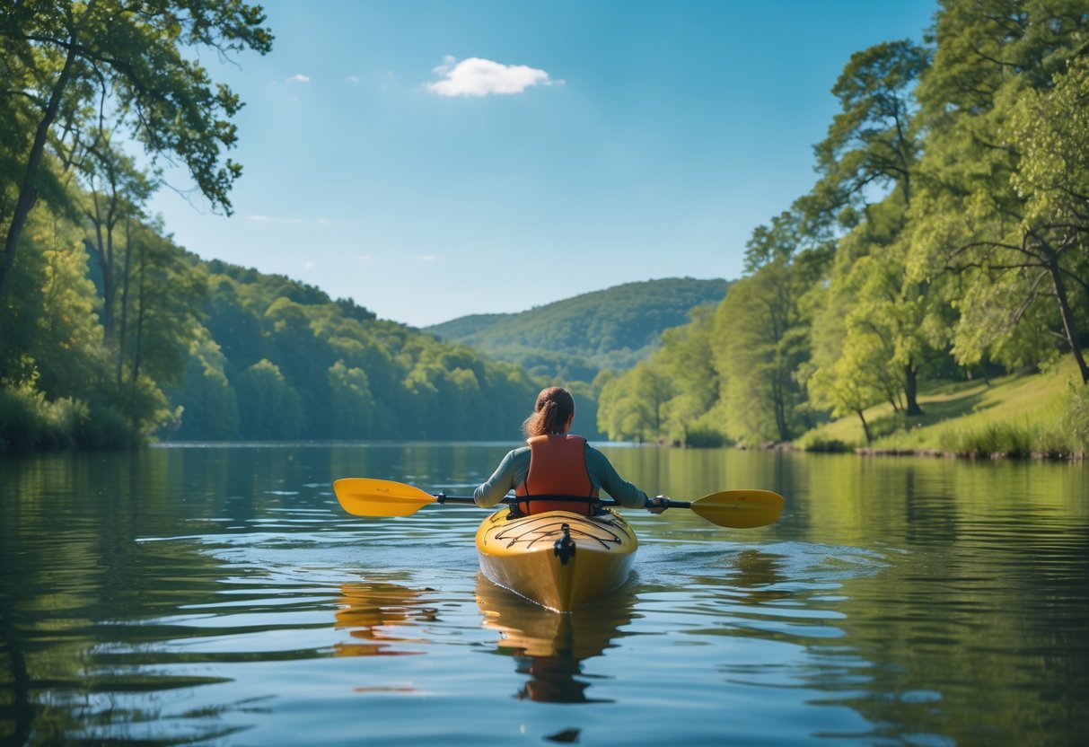A person kayaking on a calm lake surrounded by green trees and hills under a clear sky.
