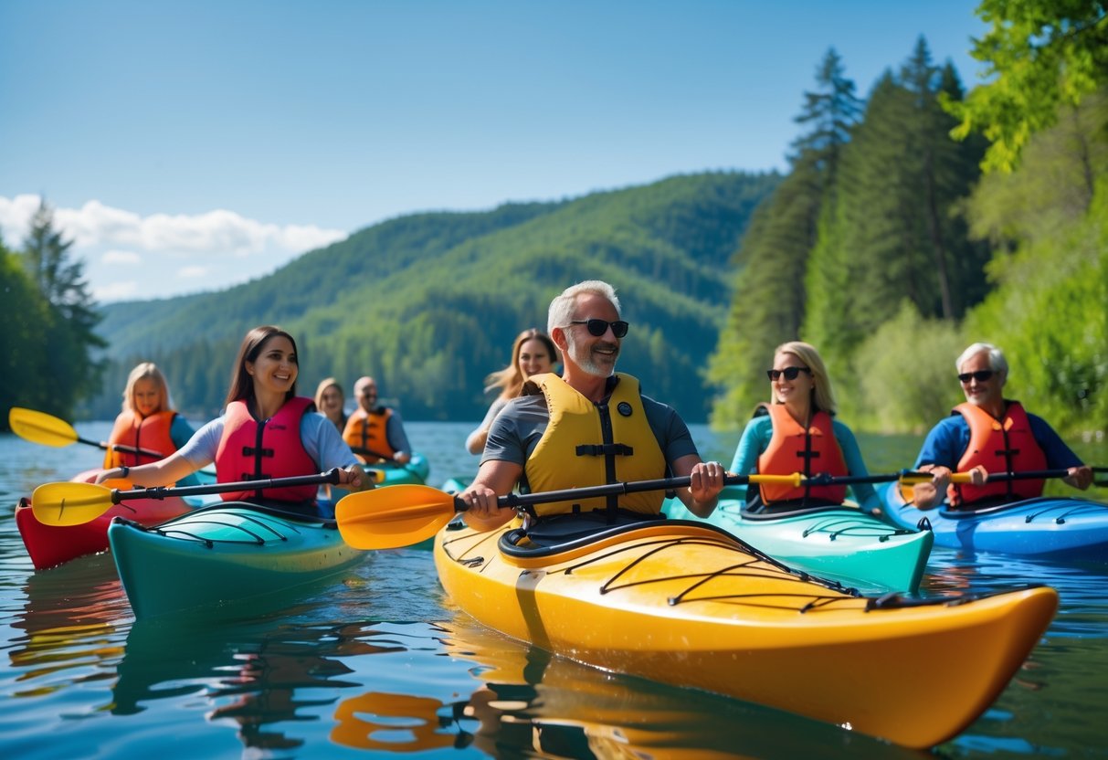 A group of people kayaking together on a calm lake surrounded by trees and hills, smiling and enjoying the outdoors. Kayaking For Mental Health Benefits