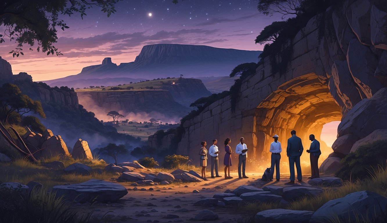 A landscape showing ancient ruins, a cave entrance, and historians examining artifacts under a twilight sky in South Africa.