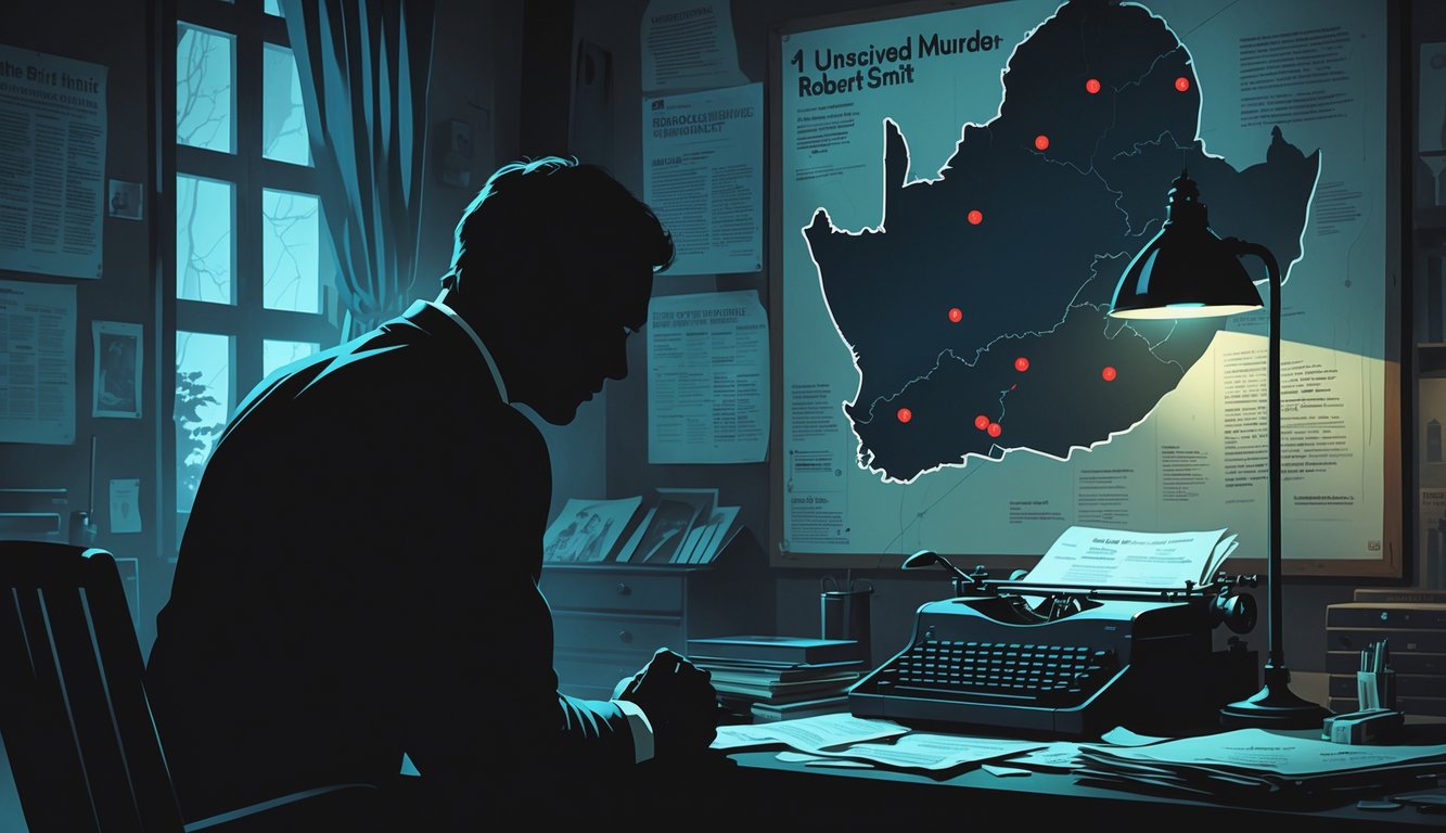 A dimly lit study room with vintage items and a shadowy man, a map of South Africa with red markers in the background, creating a mysterious atmosphere.