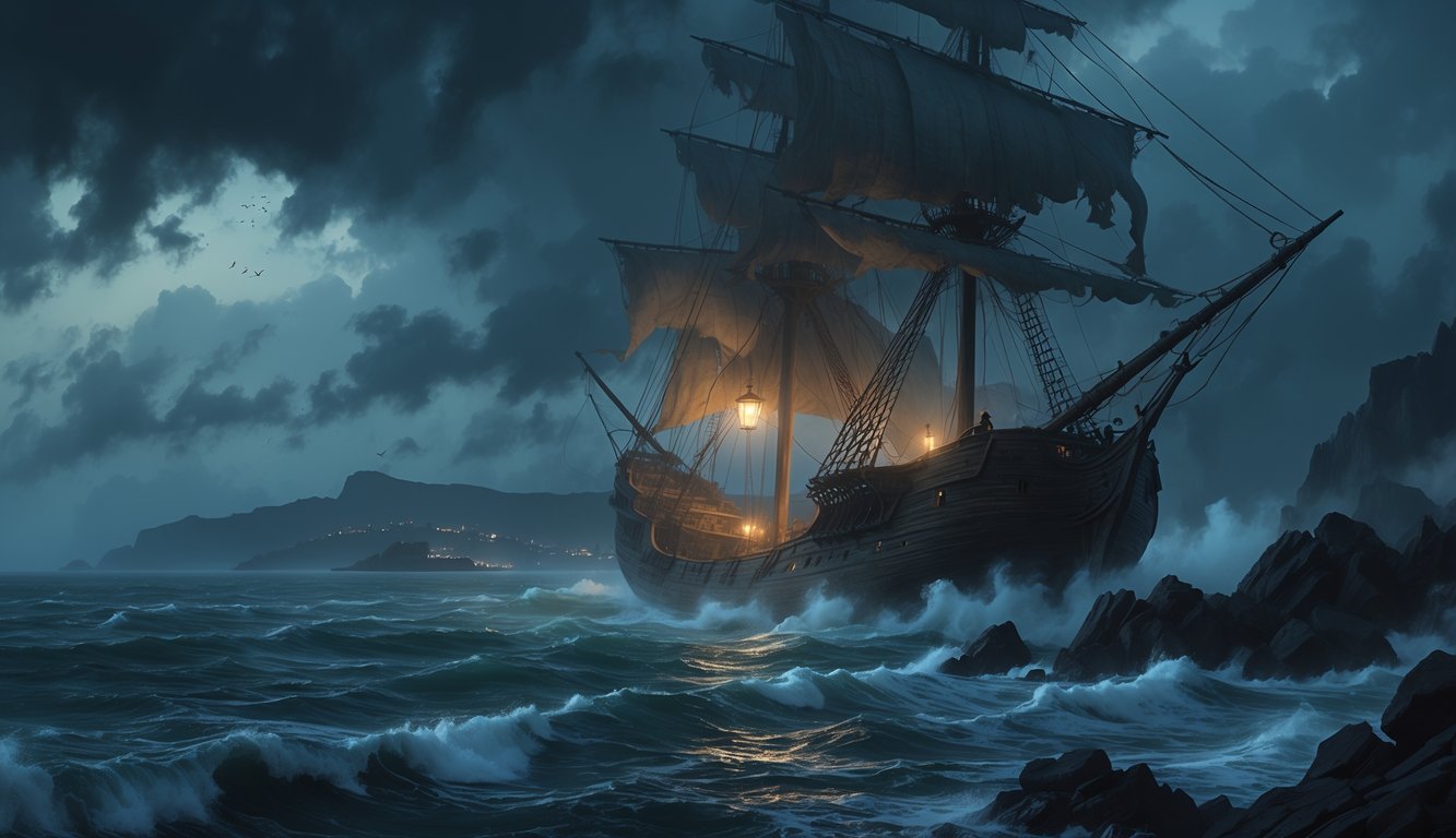 An old sailing ship enveloped in fog near rocky shores at dusk with stormy skies and crashing waves.