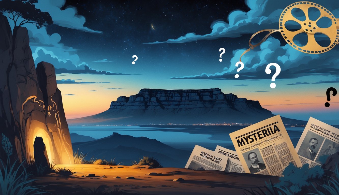 A collage showing South African landscapes, ancient rock paintings, mysterious artifacts, and ghostly figures under a twilight sky over Table Mountain.