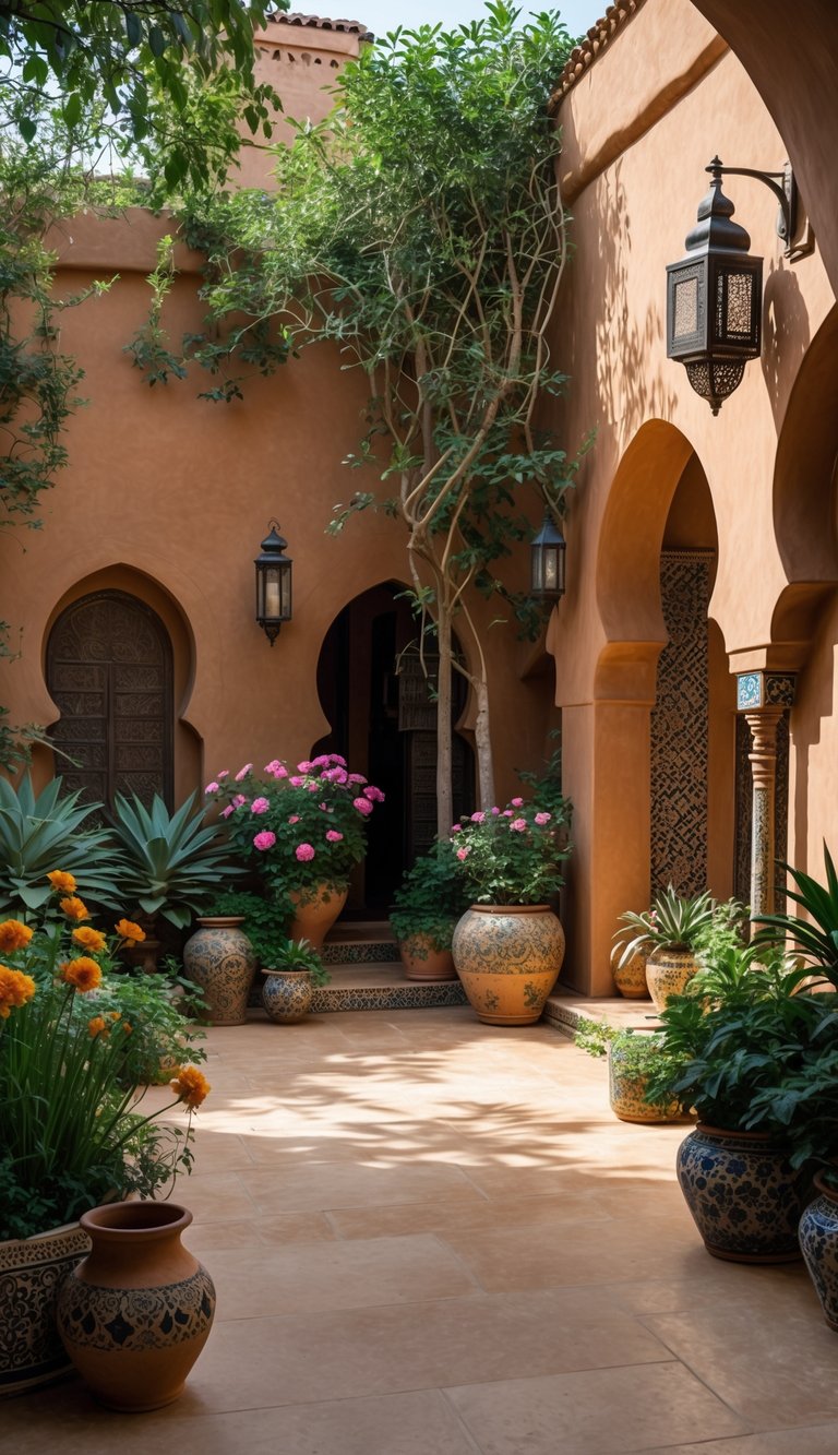 A serene garden with smooth plaster walls, lush plants, colorful flowers, and traditional Moroccan architectural details.