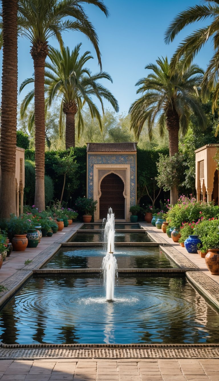 A peaceful Moroccan garden with flowing water fountains, lush plants, mosaic tiles, and stone pathways under soft sunlight.