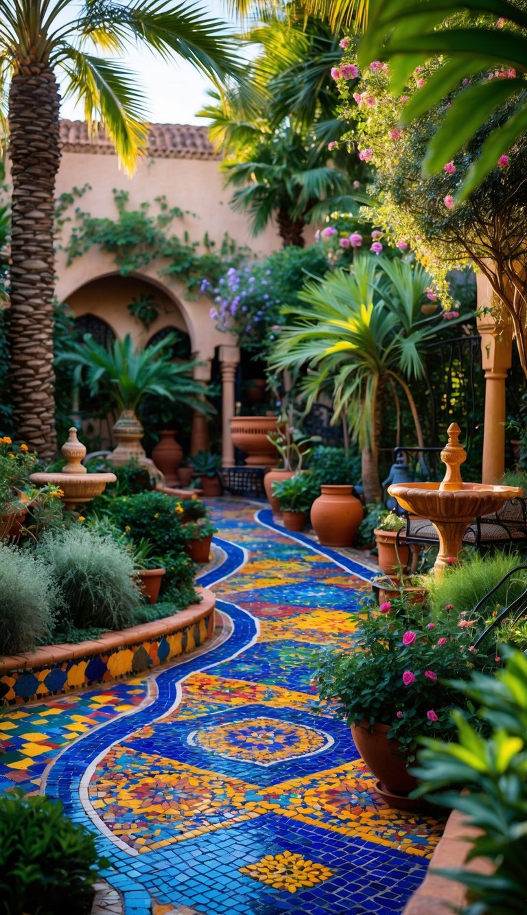 A Moroccan garden with colorful mosaic tile pathways surrounded by green plants and decorative fountains.
