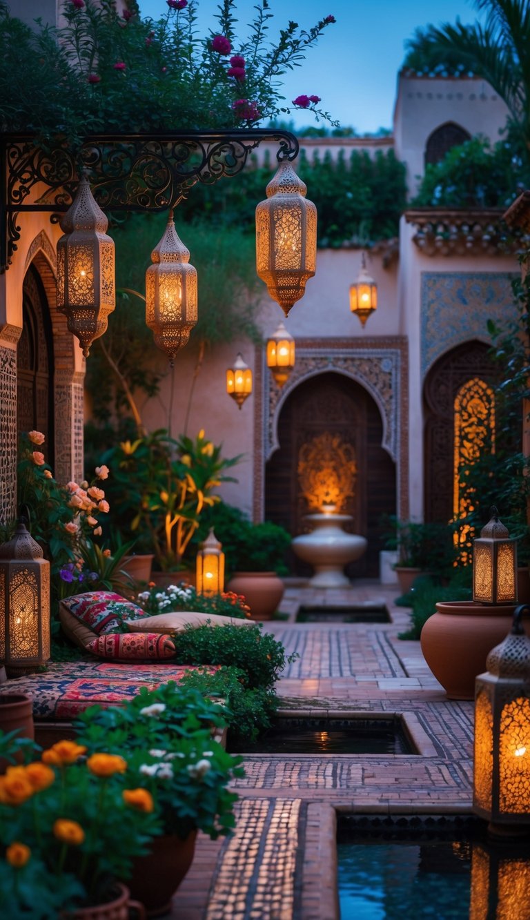 A Moroccan garden at dusk with wrought iron lanterns glowing along pathways surrounded by plants and traditional architectural features.