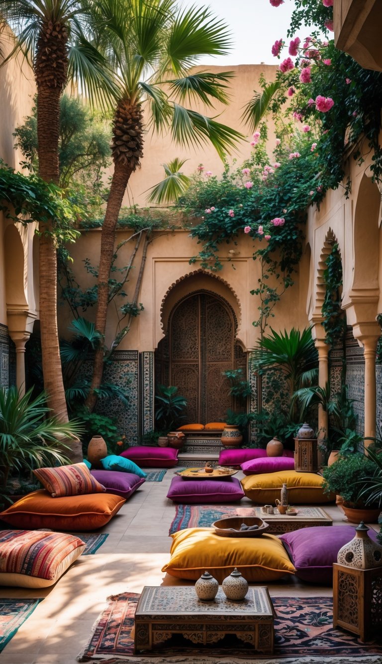 A peaceful outdoor garden with plush cushions and low tables surrounded by lush plants and trees.