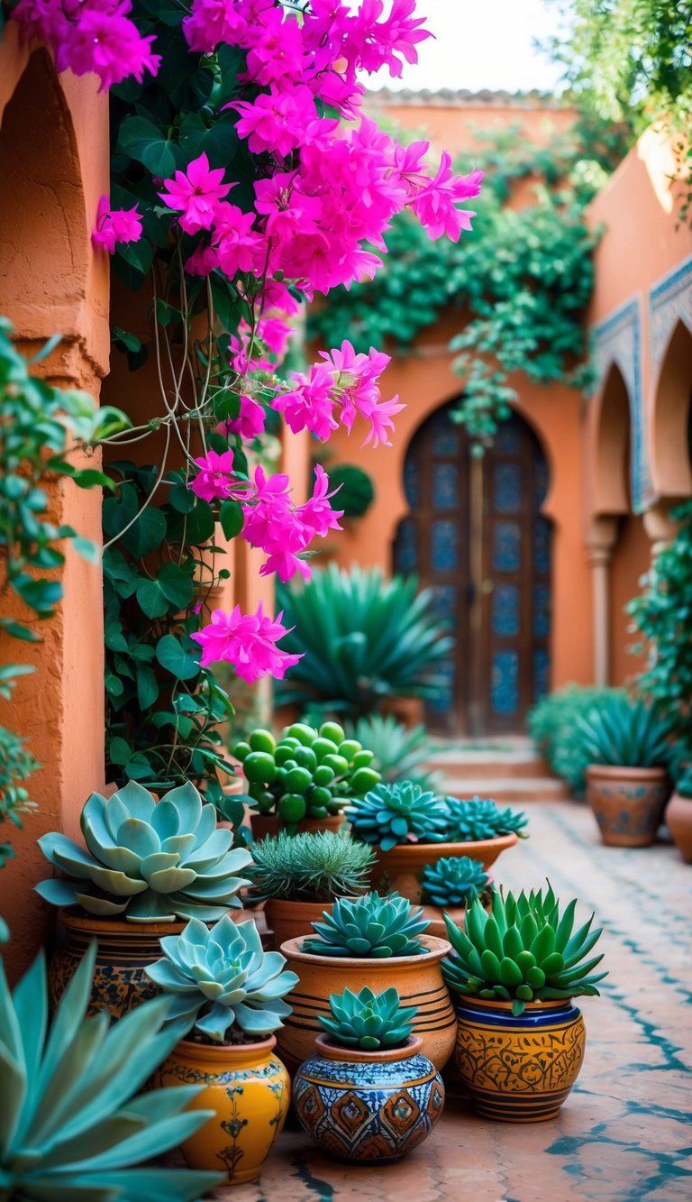 A sunny Moroccan garden with pink bougainvillea and various succulents arranged among terracotta pots and stone pathways.