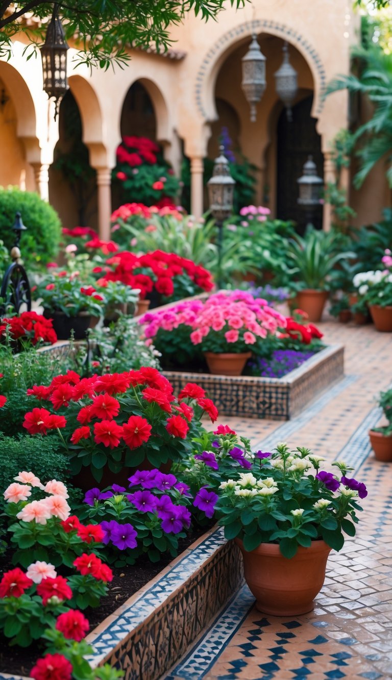 A vibrant garden with colorful geraniums and petunias arranged in flower beds, surrounded by Moroccan-style tiles and architecture.