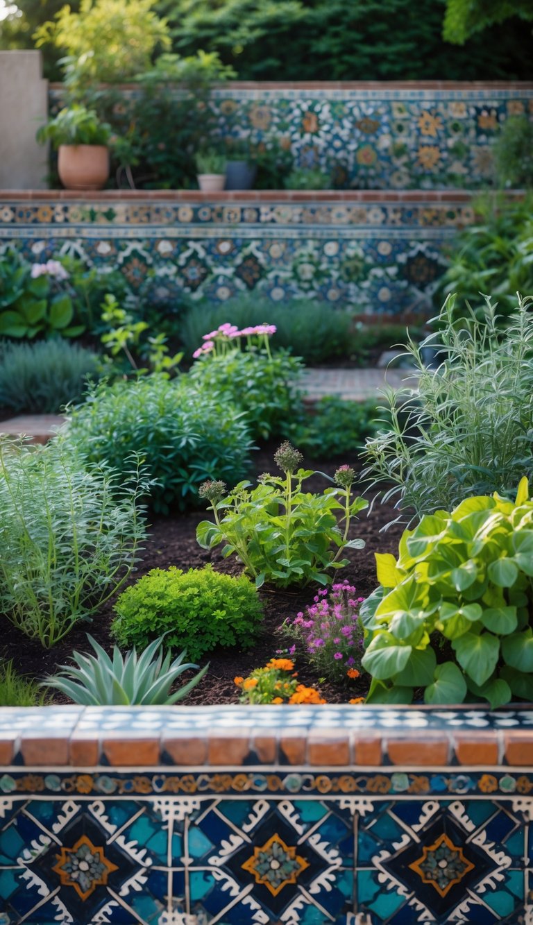 A garden with colorful patterned tiles surrounding beds filled with green plants and flowers.