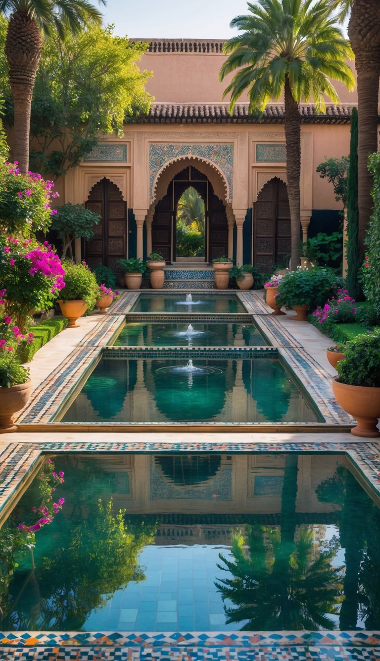 A Moroccan garden with reflecting pools, vibrant plants, ornate tilework, and stone pathways under soft sunlight.
