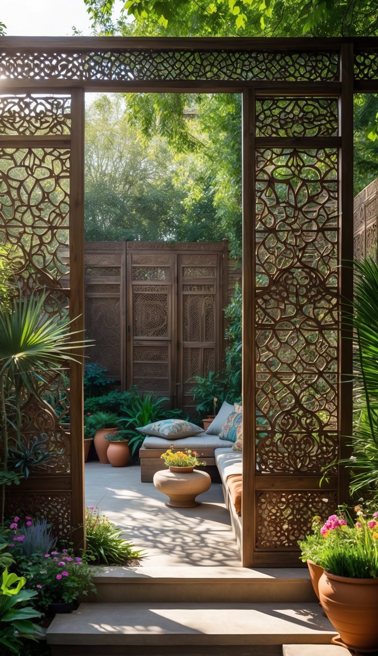 A peaceful garden with carved wooden screens, green plants, colorful flowers, and a cozy seating area.