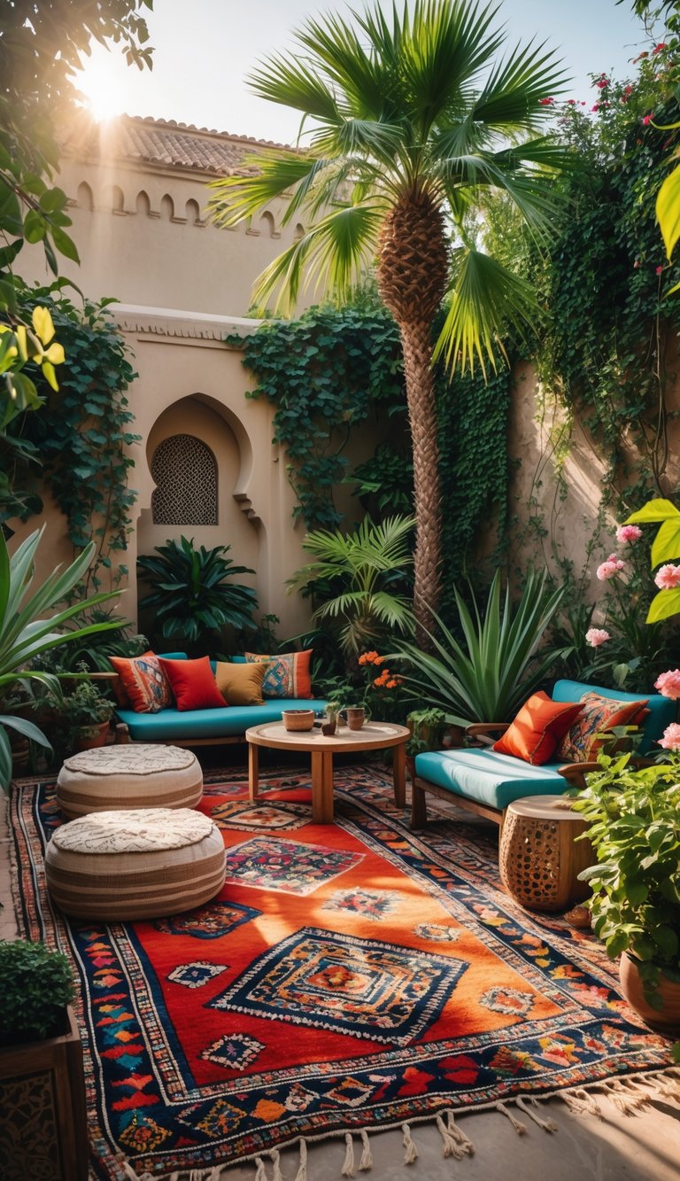 Outdoor lounge area in a garden with traditional Moroccan rugs, cushions, low tables, and surrounding greenery.