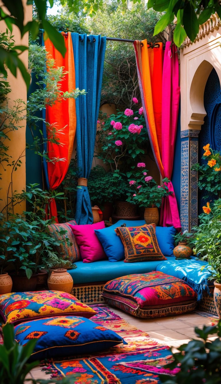 Outdoor seating area in a garden with colorful throw pillows and curtains surrounded by plants and traditional architectural details.