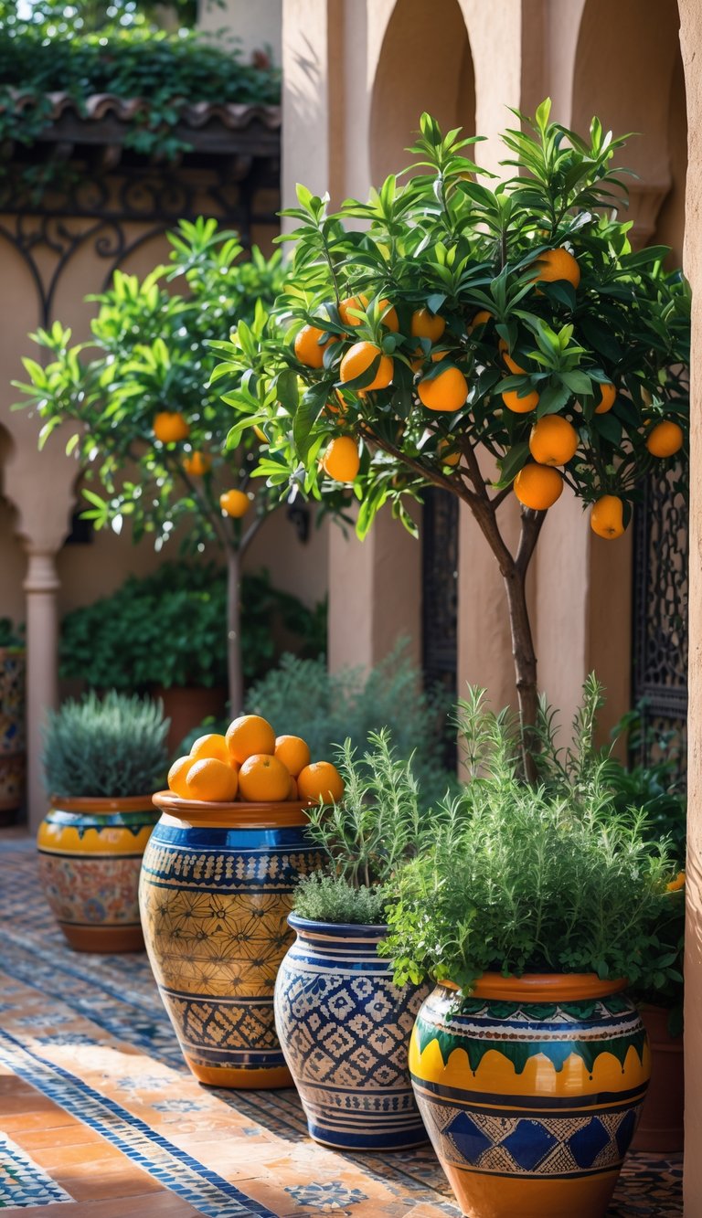 Ceramic garden pots with citrus trees and herbs arranged on a tiled patio in a Moroccan garden setting.