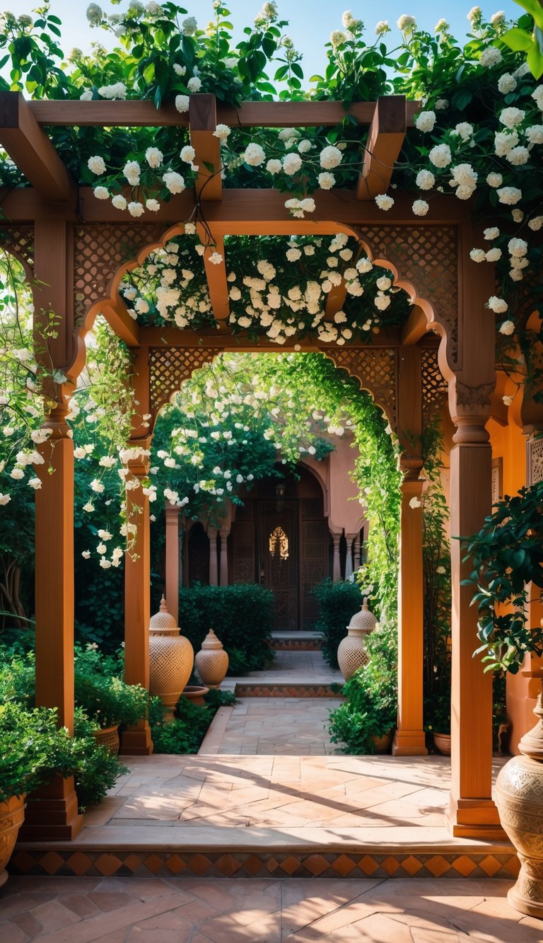 A shaded wooden pergola covered with climbing jasmine and green vines in a garden with stone pathways and Moroccan decorative elements.