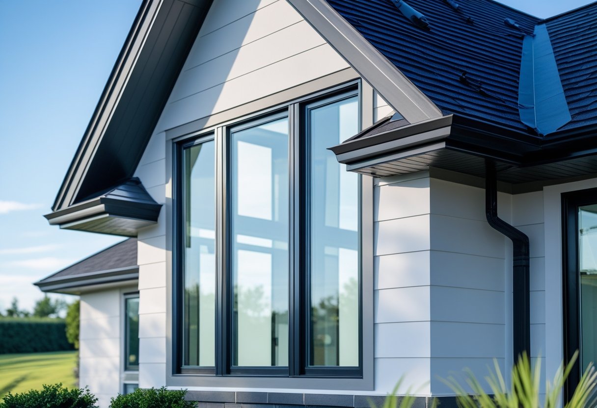 A modern house exterior with large windows and a newly shingled roof under a clear sky.