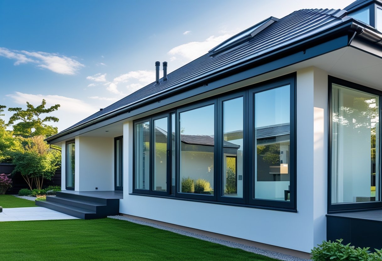 A modern house exterior showing large windows and a roof with neatly installed shingles under a clear sky.